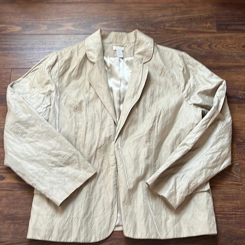 Chicos blazer. Tan with metallic sheen. Size 3. EUC. Lightweight. Pockets